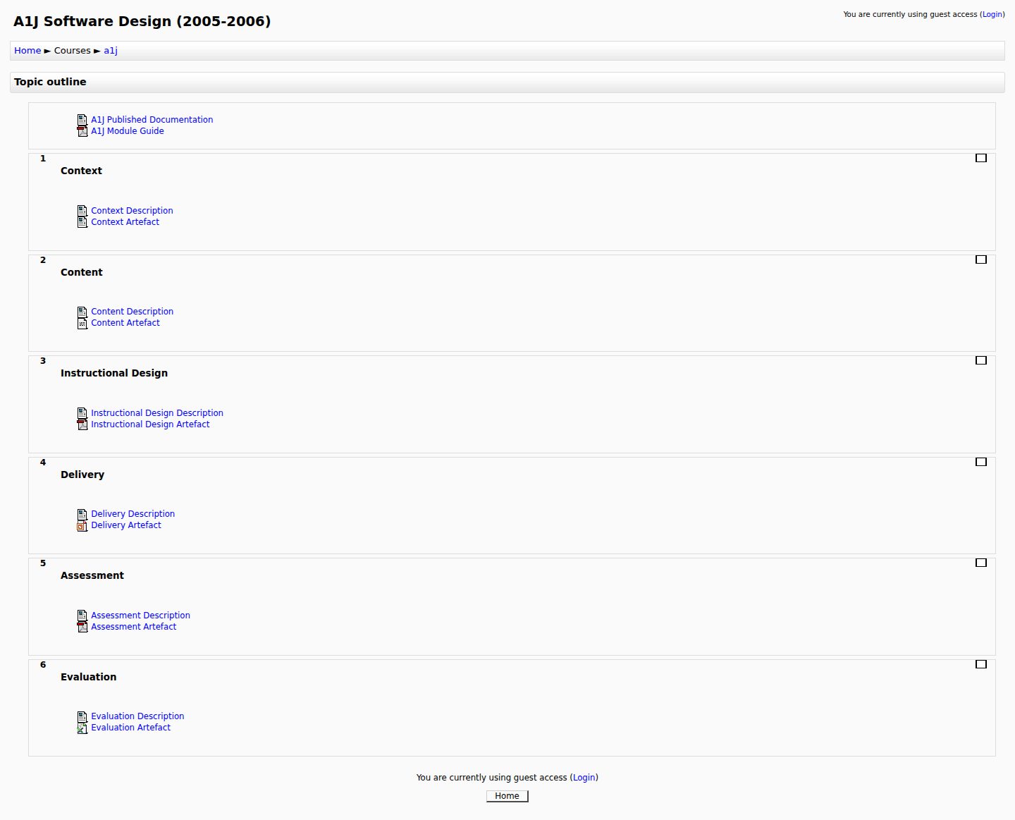 Screenshot of the A1J Software Design (2005-2006) course page on the original commons site, listing the portfolio sections