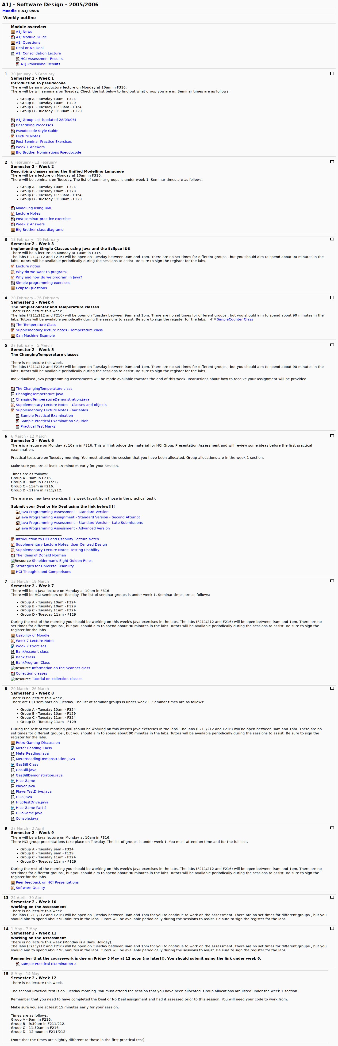 Screenshot of an archived student view of the A1J Software Design Moodle course, showing weekly teaching material and resources