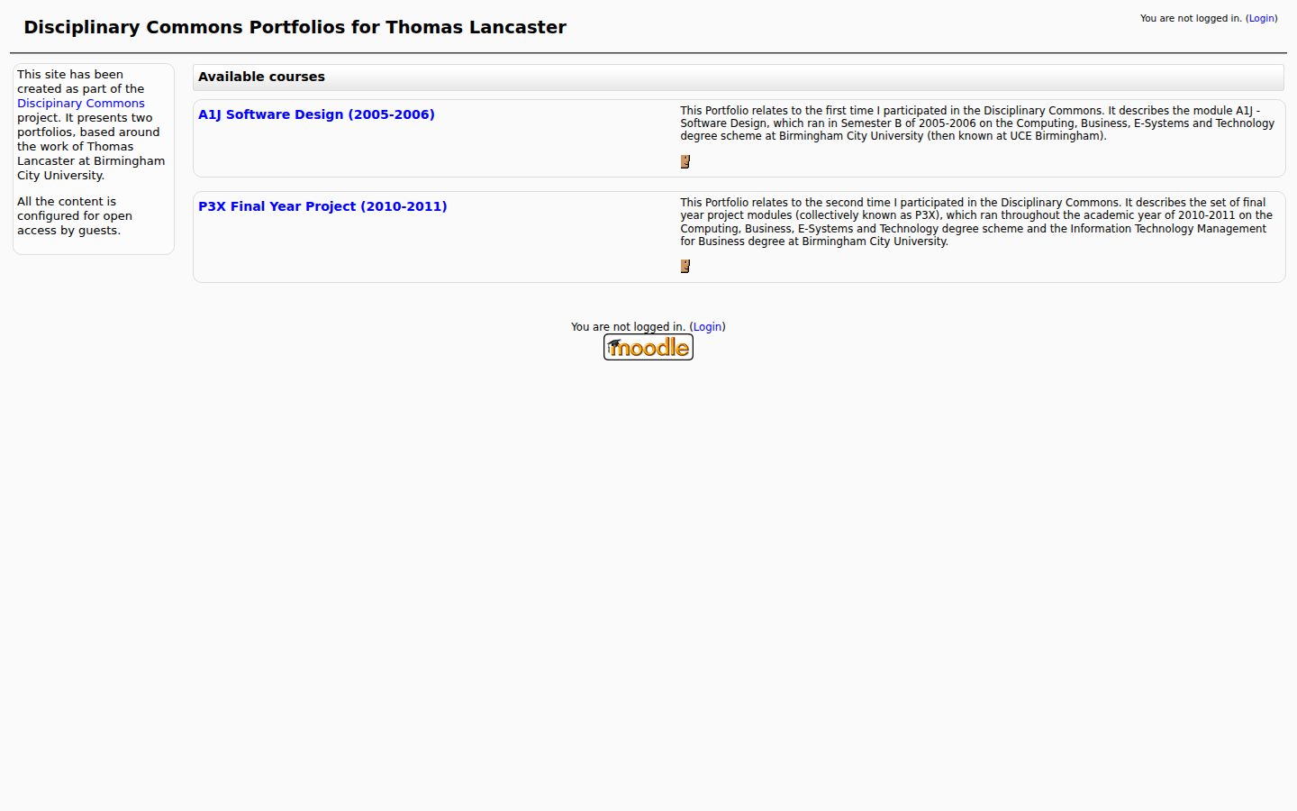 Screenshot of the commons.thomaslancaster.co.uk front page, listing the two Disciplinary Commons portfolio courses and a guest login box