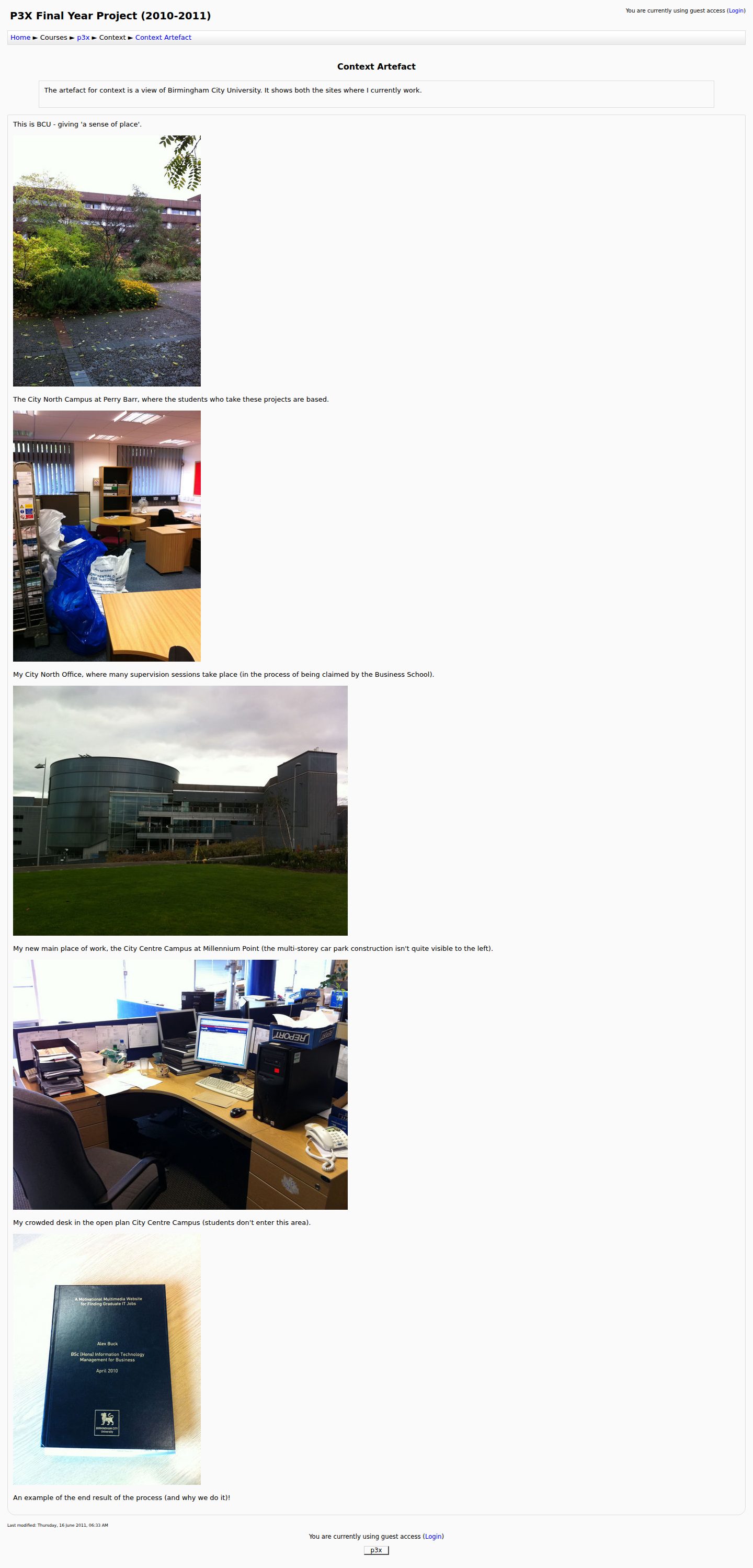 Screenshot of the P3X Context Artefact page, showing five campus photographs of Birmingham City University with captions
