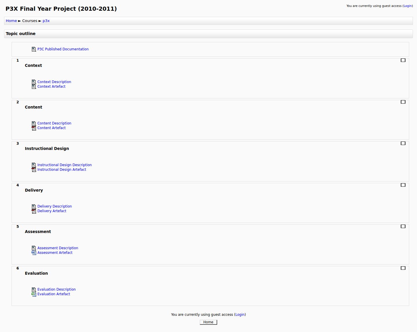 Screenshot of the P3X Final Year Project (2010-2011) course page on the original commons site, listing the portfolio sections