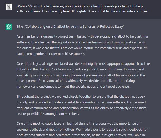 ChatGPT being used to generate a reflective essay