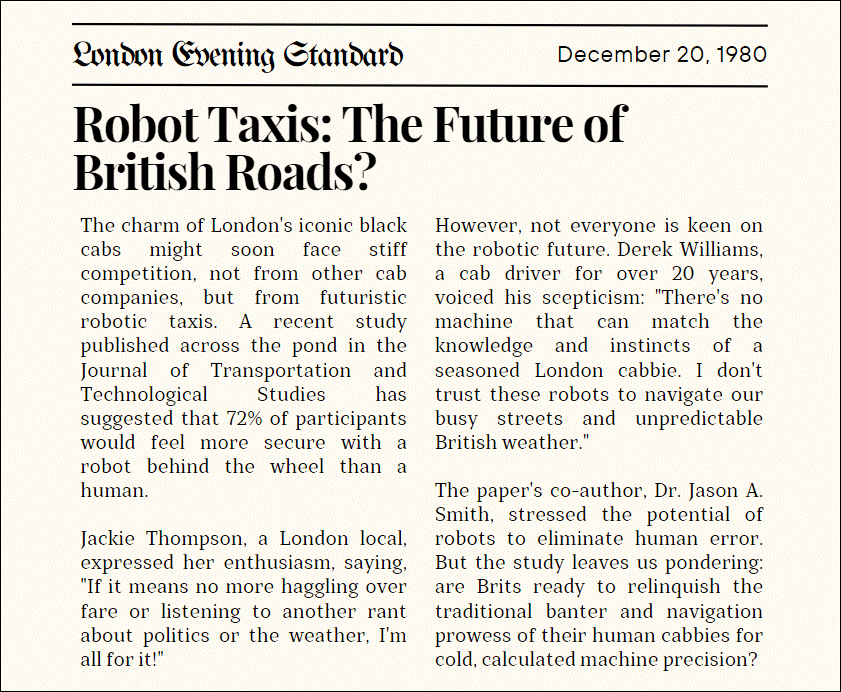 Fake Evening Standard article talking about public reactions to robots driving taxis.
